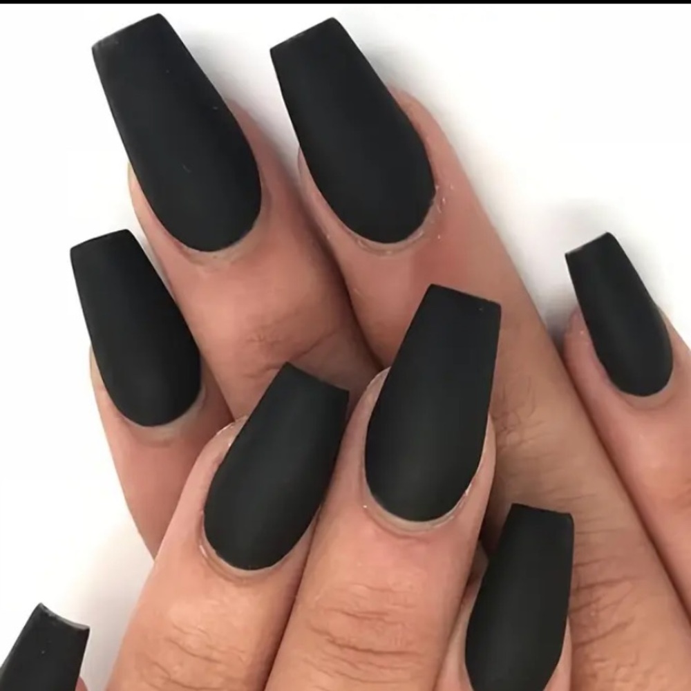 Matte Black False Nails press on coffin medium